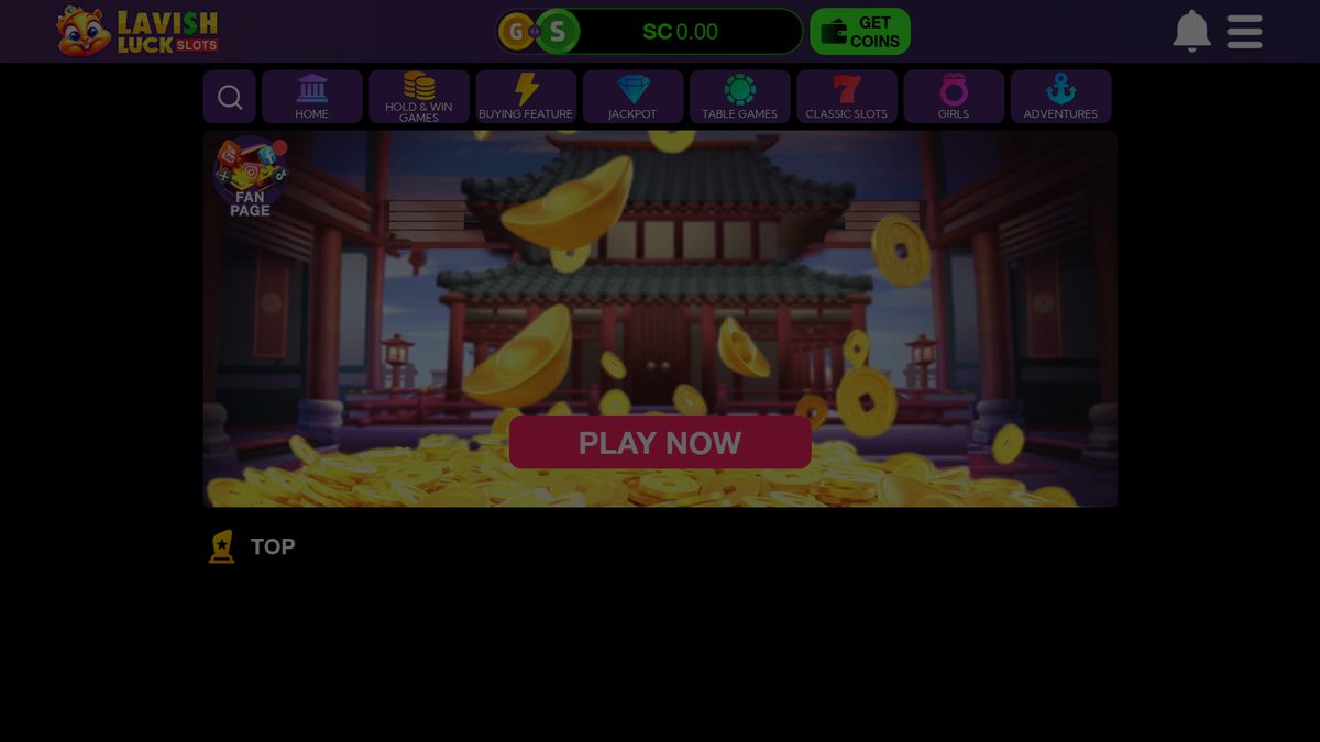 Lavish Luck Casino lobby at game.lavishluck.net with PLAY NOW, SC balance, and game rows.
